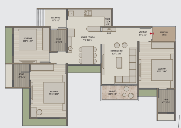 3 BHK floor plan
