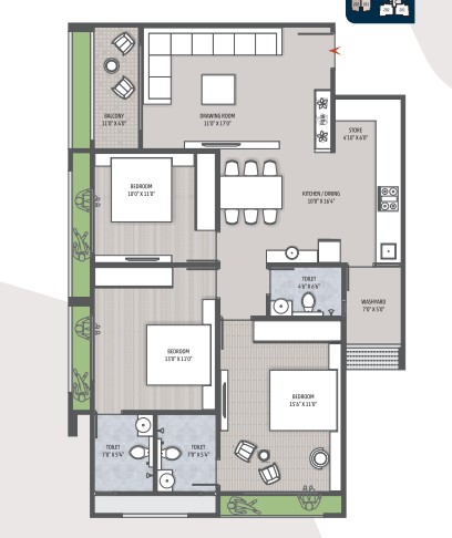 3 BHK floor plan