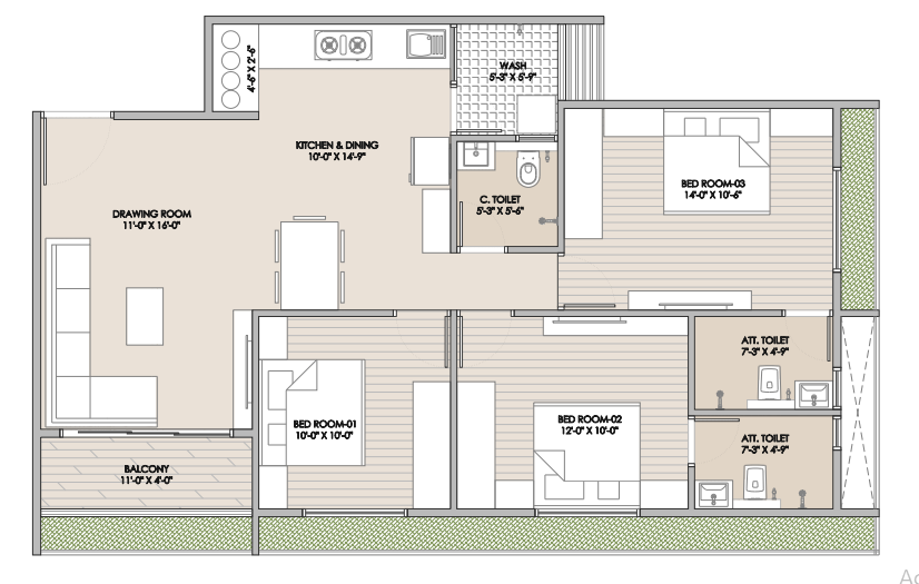 3 BHK floor plan