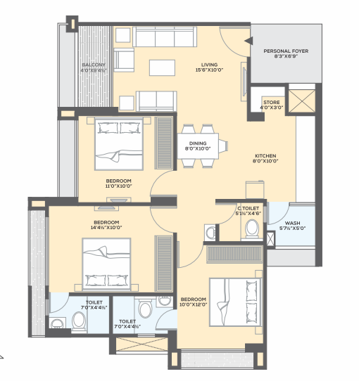3 BHK floor plan