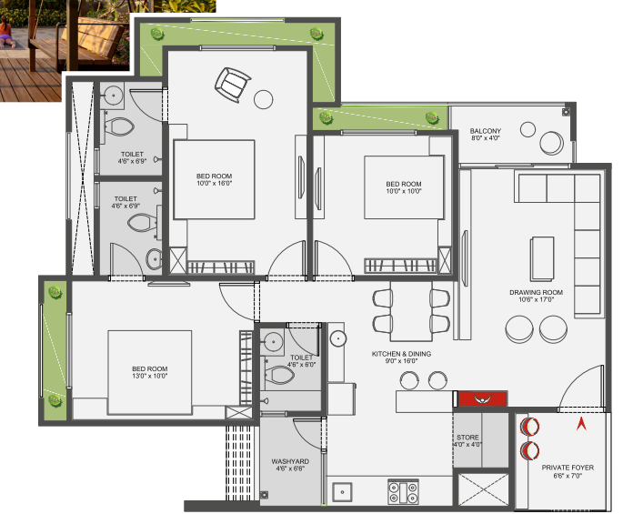 3 BHK floor plan