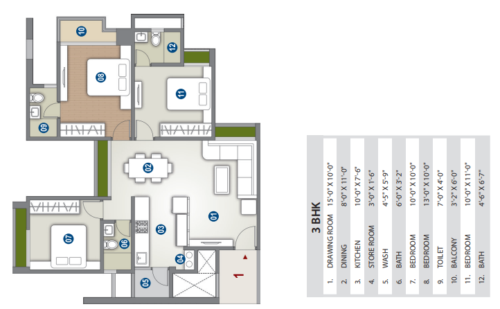 3 BHK floor plan