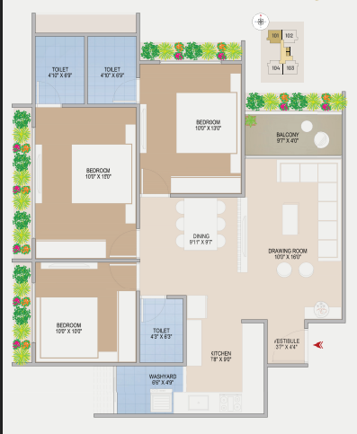 3 BHK floor plan