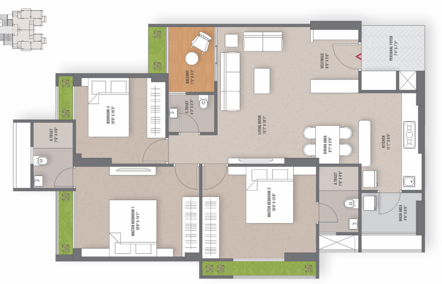 3 BHK floor plan