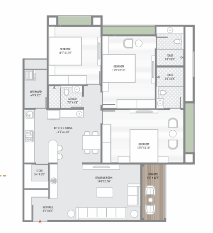 3 BHK floor plan