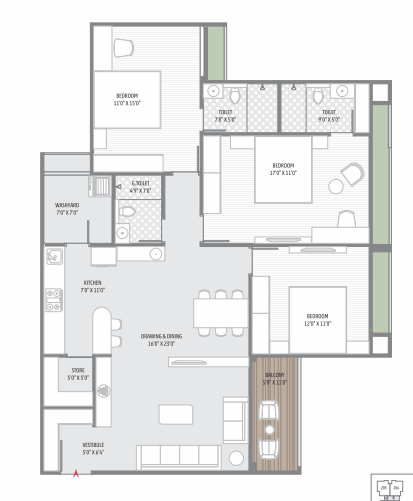3 BHK floor plan