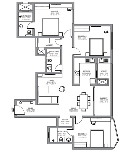 3 BHK floor plan