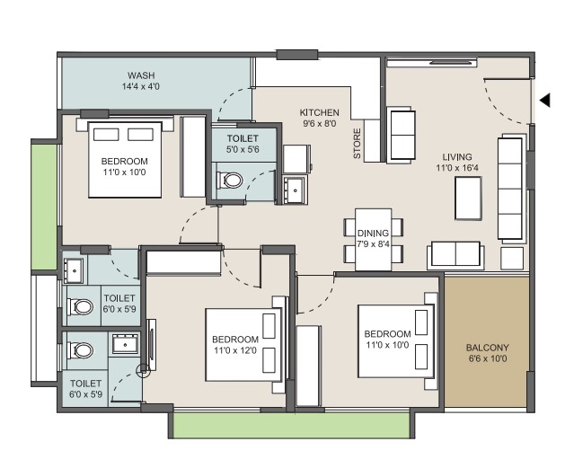 3 BHK floor plan