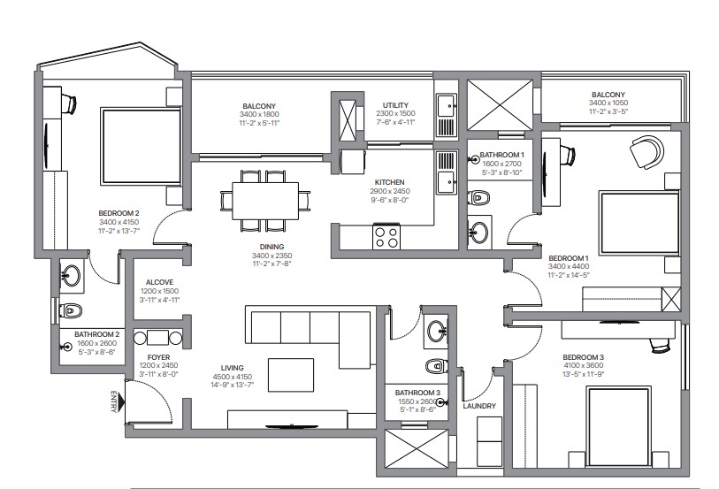 3 BHK floor plan