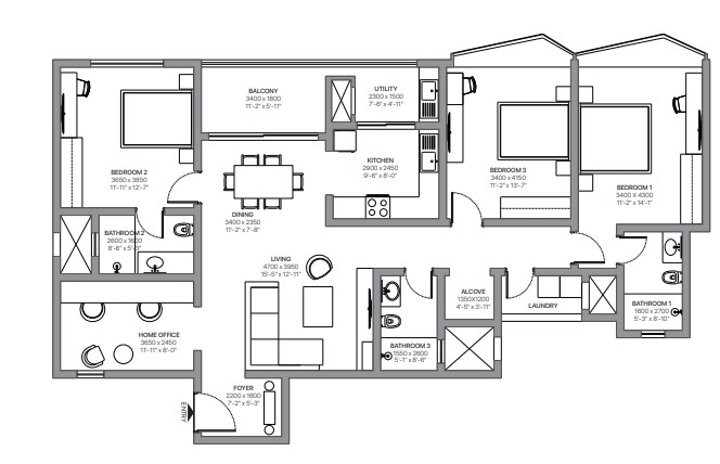3 BHK floor plan