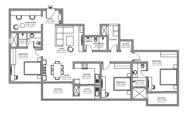 3 BHK floor plan