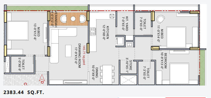 3 BHK floor plan