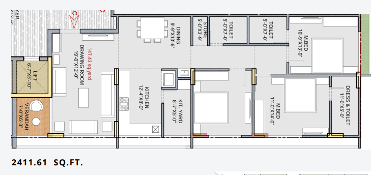 3 BHK floor plan