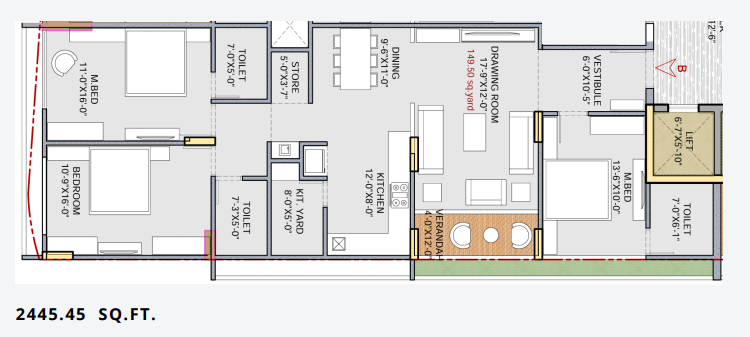 3 BHK floor plan