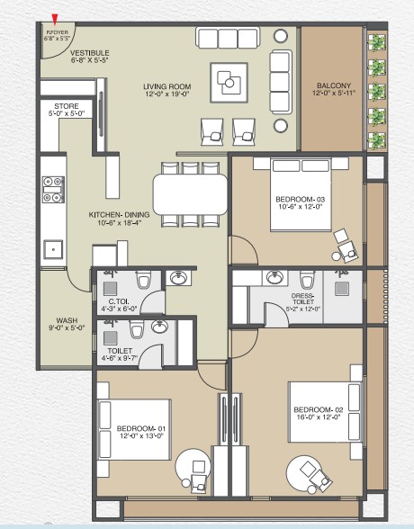 3 BHK floor plan