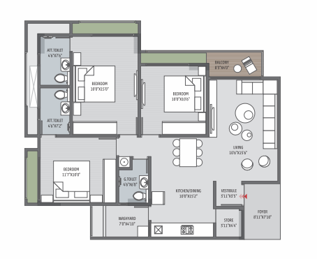 3 BHK floor plan