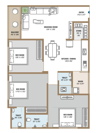 3 BHK floor plan