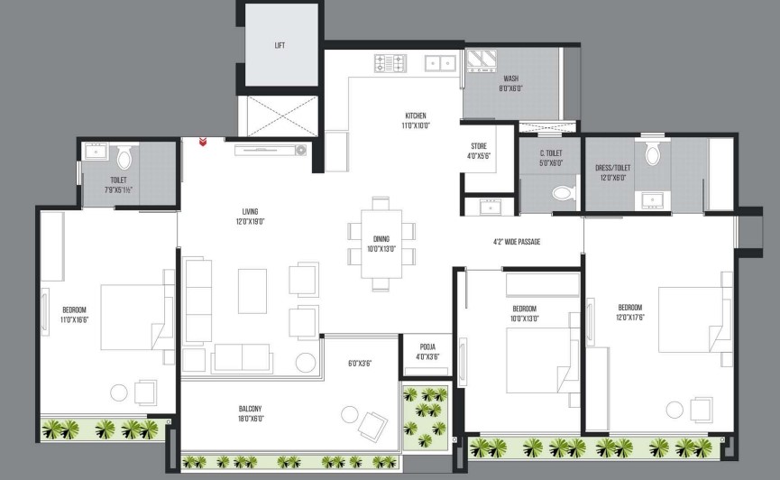 3 BHK floor plan