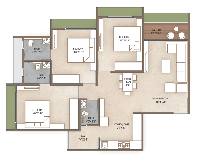 3 BHK floor plan