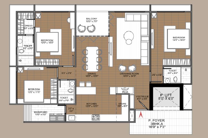 3 BHK floor plan
