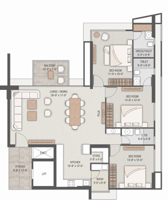 3 BHK floor plan