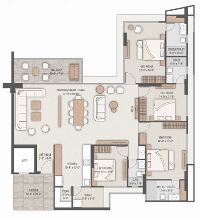 3 BHK floor plan