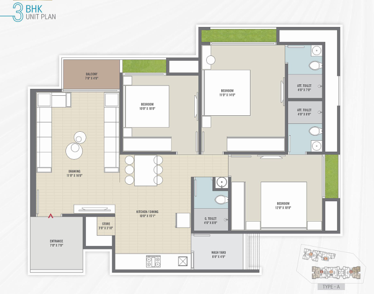 3 BHK floor plan
