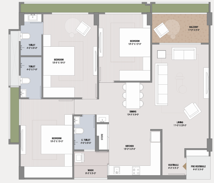 3 BHK floor plan