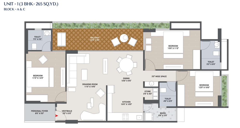 3 BHK floor plan