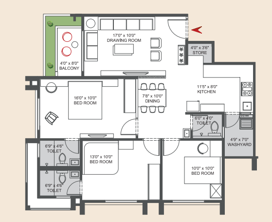 3 BHK floor plan