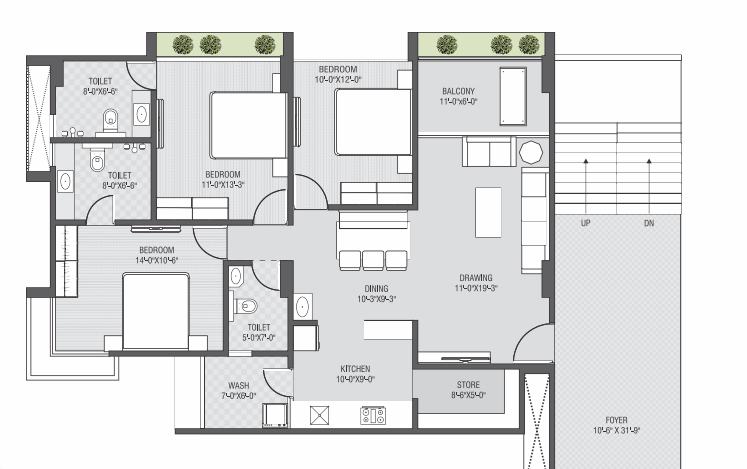 3 BHK floor plan