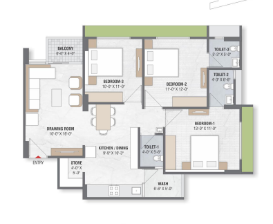 3 BHK floor plan