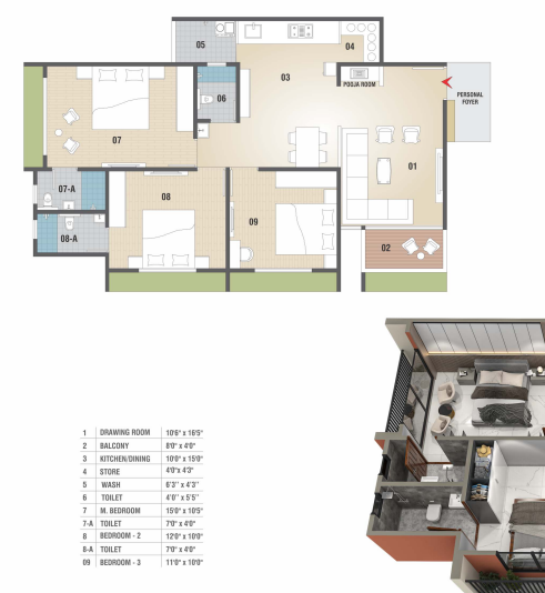 3 BHK floor plan