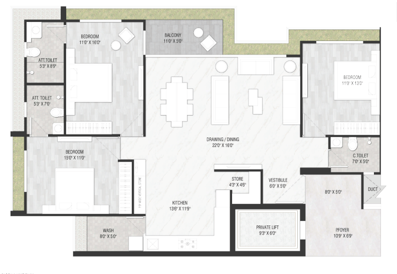 3 BHK floor plan