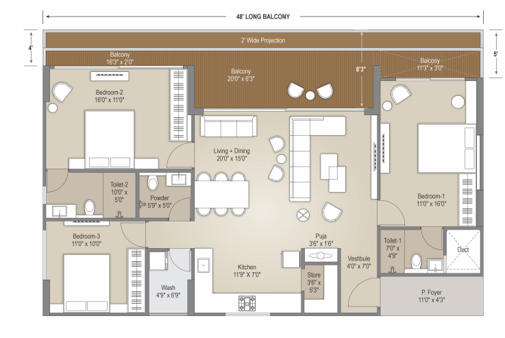3 BHK floor plan