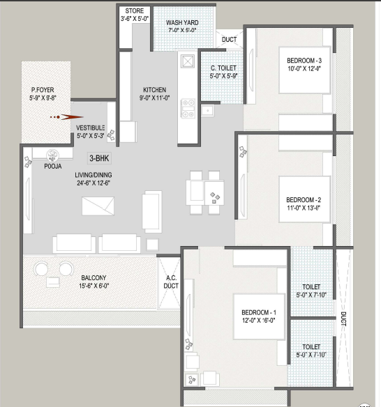 3 BHK floor plan