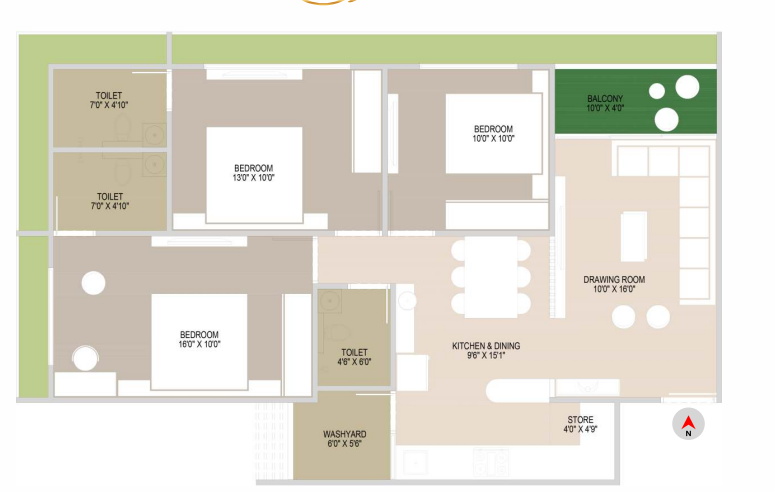 3 BHK floor plan