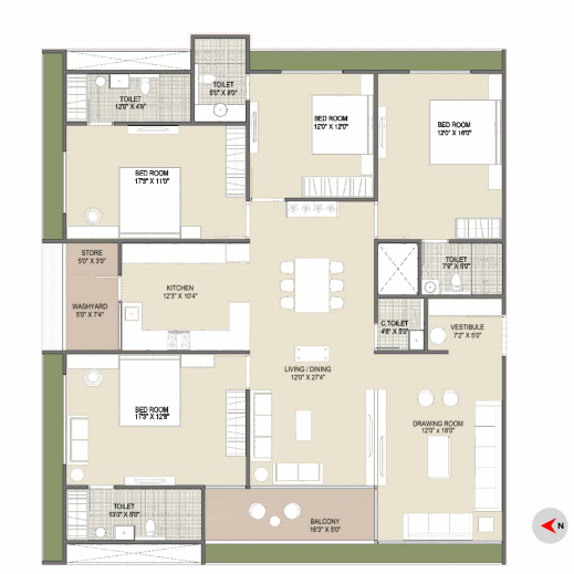 3 BHK floor plan