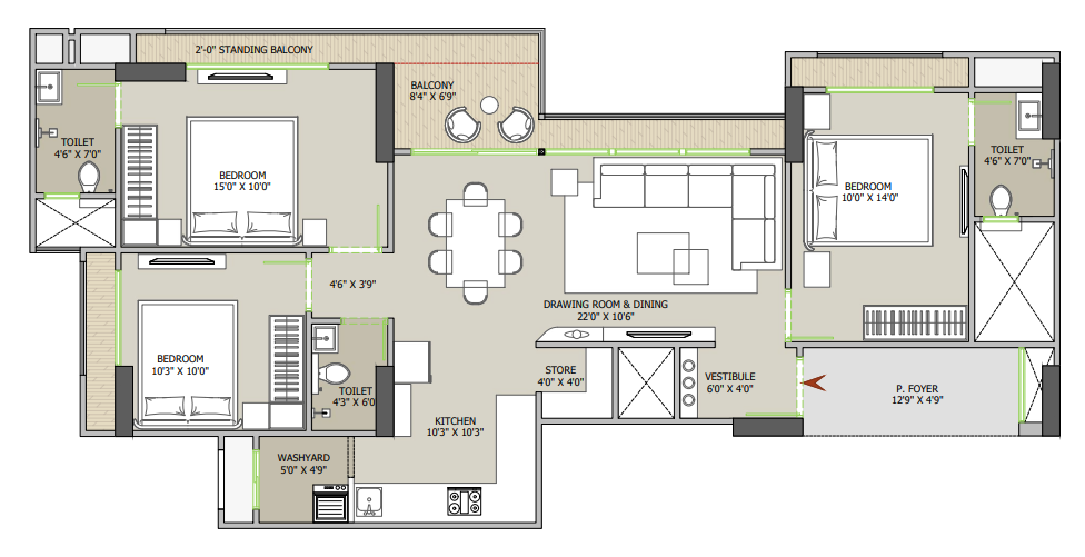 3 BHK floor plan