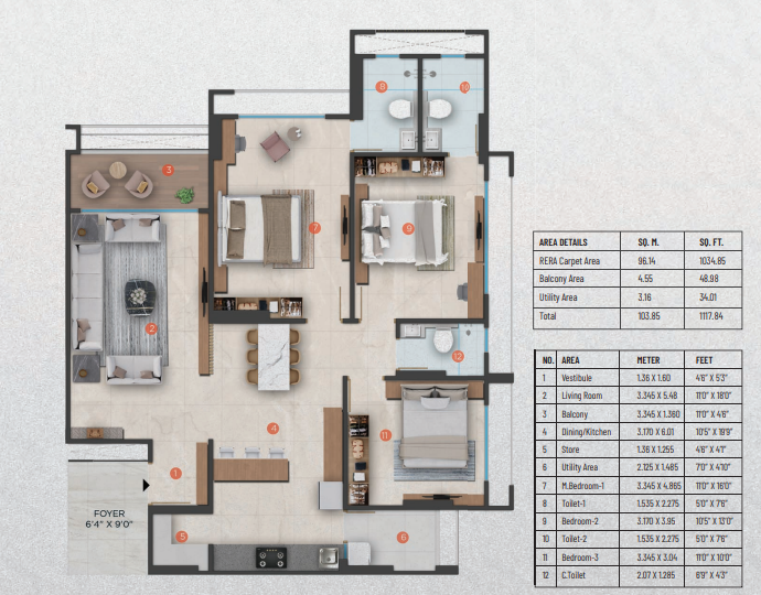3 BHK floor plan