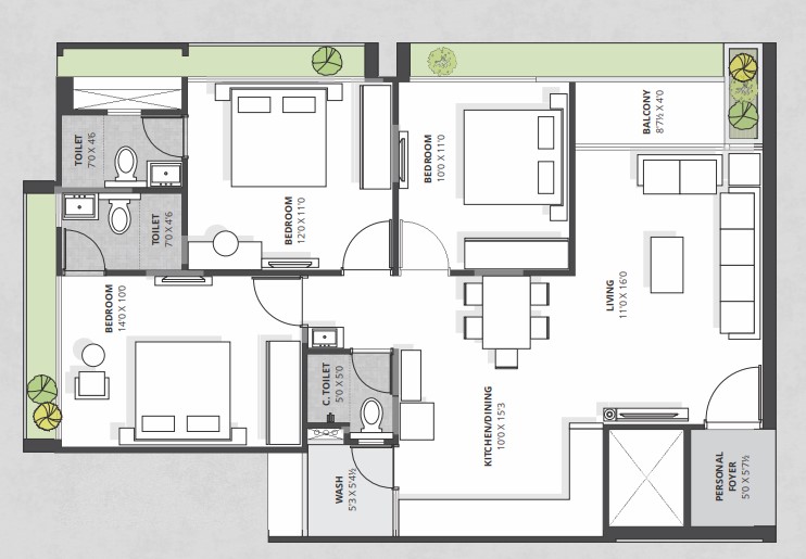 3 BHK floor plan