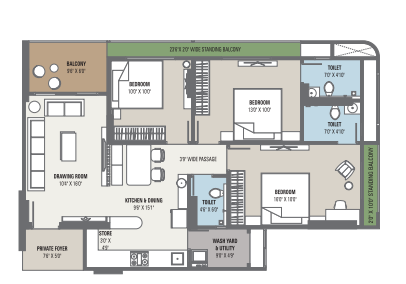 3 BHK floor plan