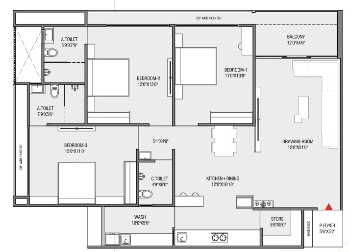 3 BHK floor plan
