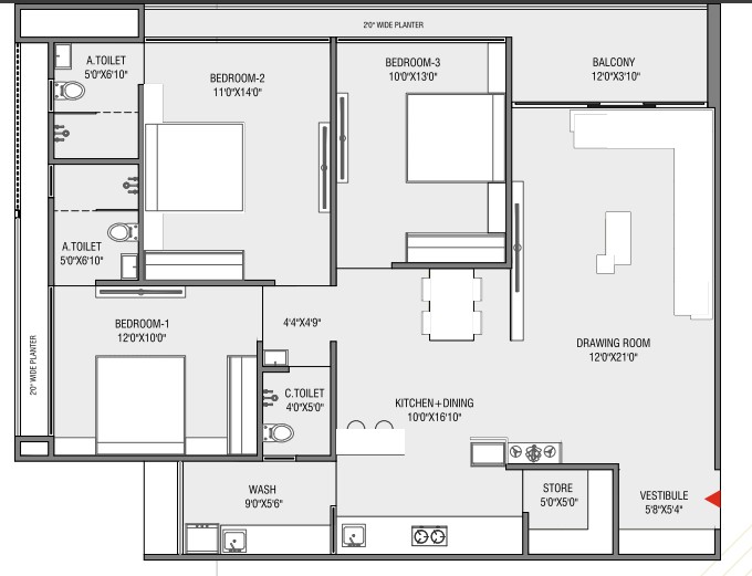 3 BHK floor plan