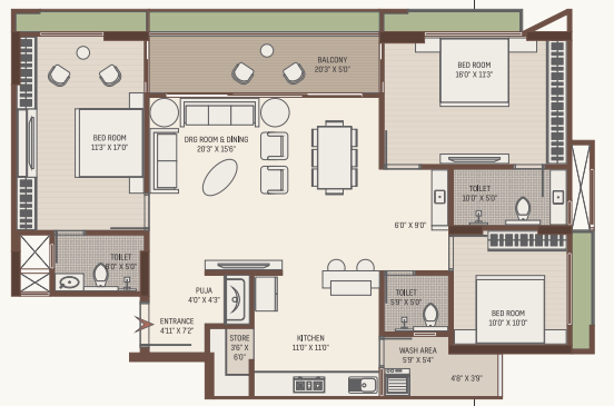 3 BHK floor plan