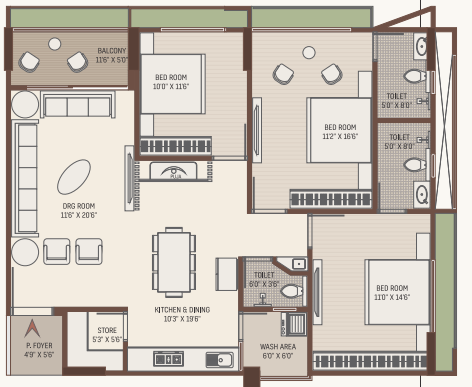 3 BHK floor plan