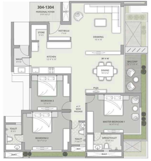3 BHK floor plan