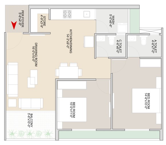 2 BHK floor plan