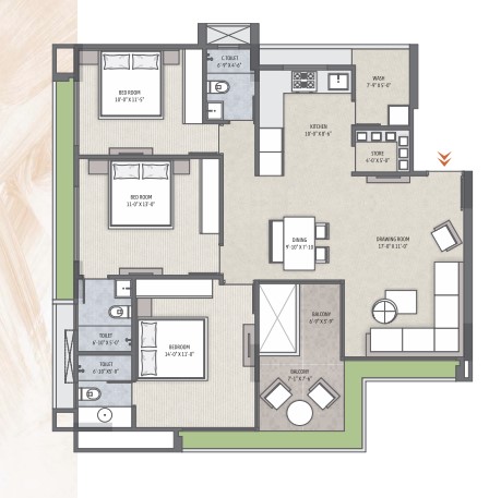 3 BHK floor plan
