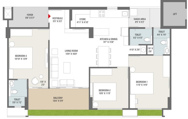 3 BHK floor plan